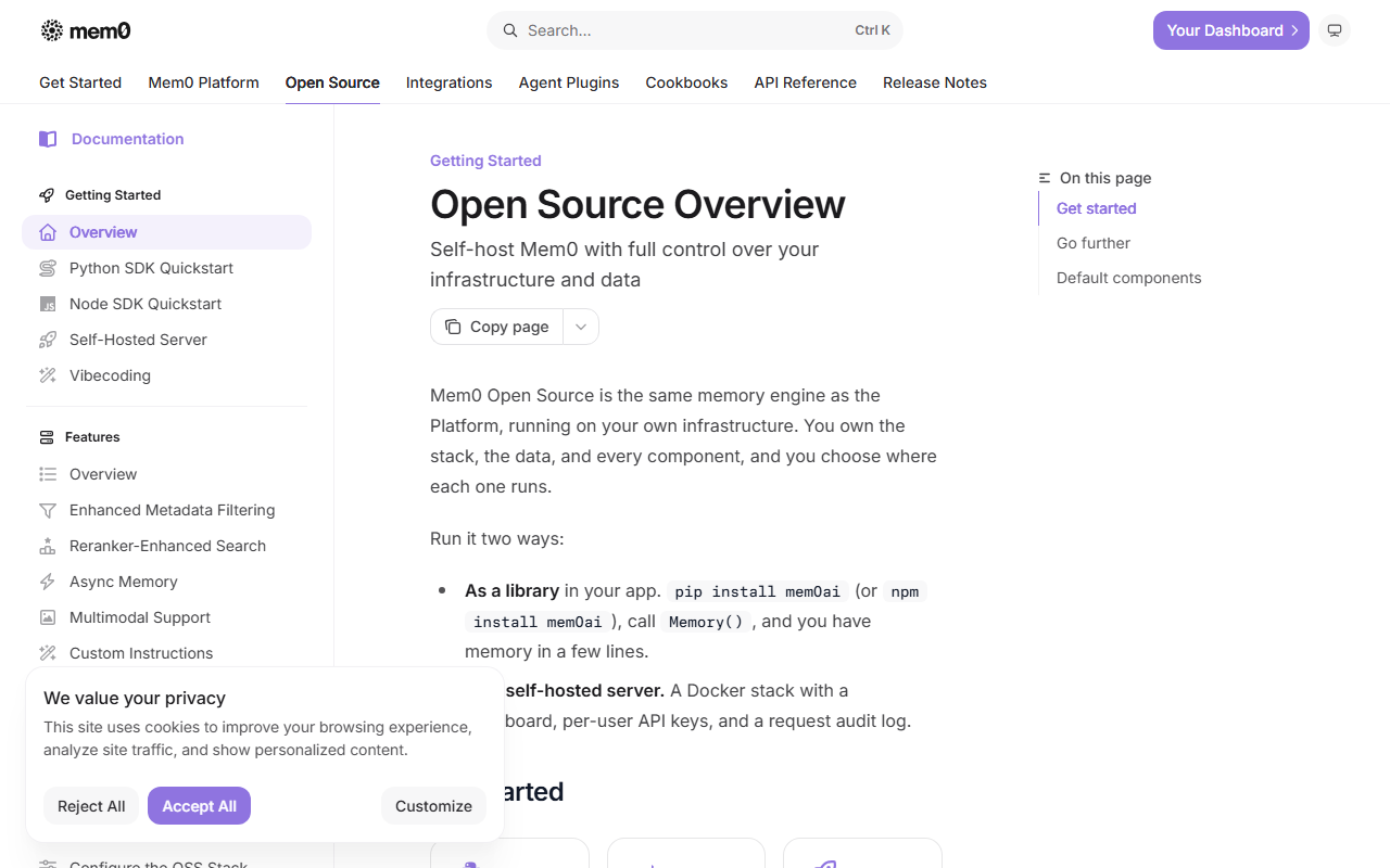 Mem0 Open Source Overview documentation page describing self-hosting as a library or as a Docker server with a dashboard, per-user API keys and a request audit log