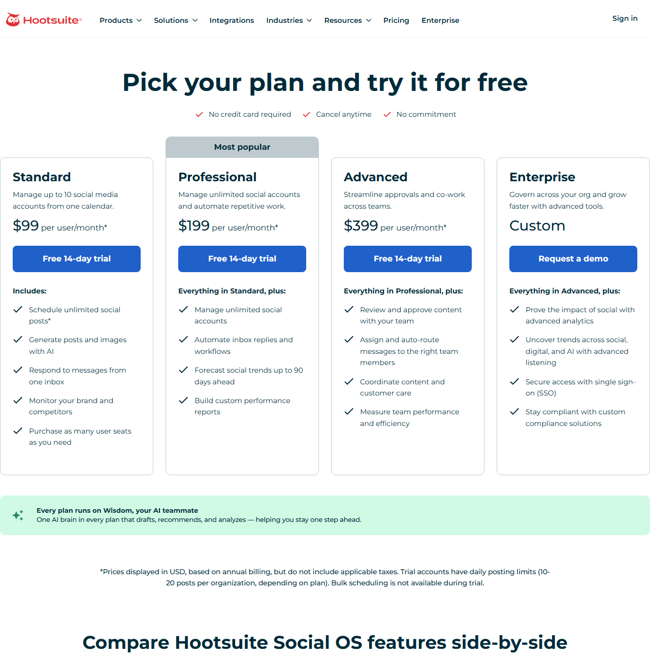 Hootsuite plans page Pick your plan and try it for free: Standard 99 dollars per user a month for up to 10 social accounts, Professional 199 and Advanced 399 per user a month, Enterprise custom, with a note that prices are in USD based on annual billing