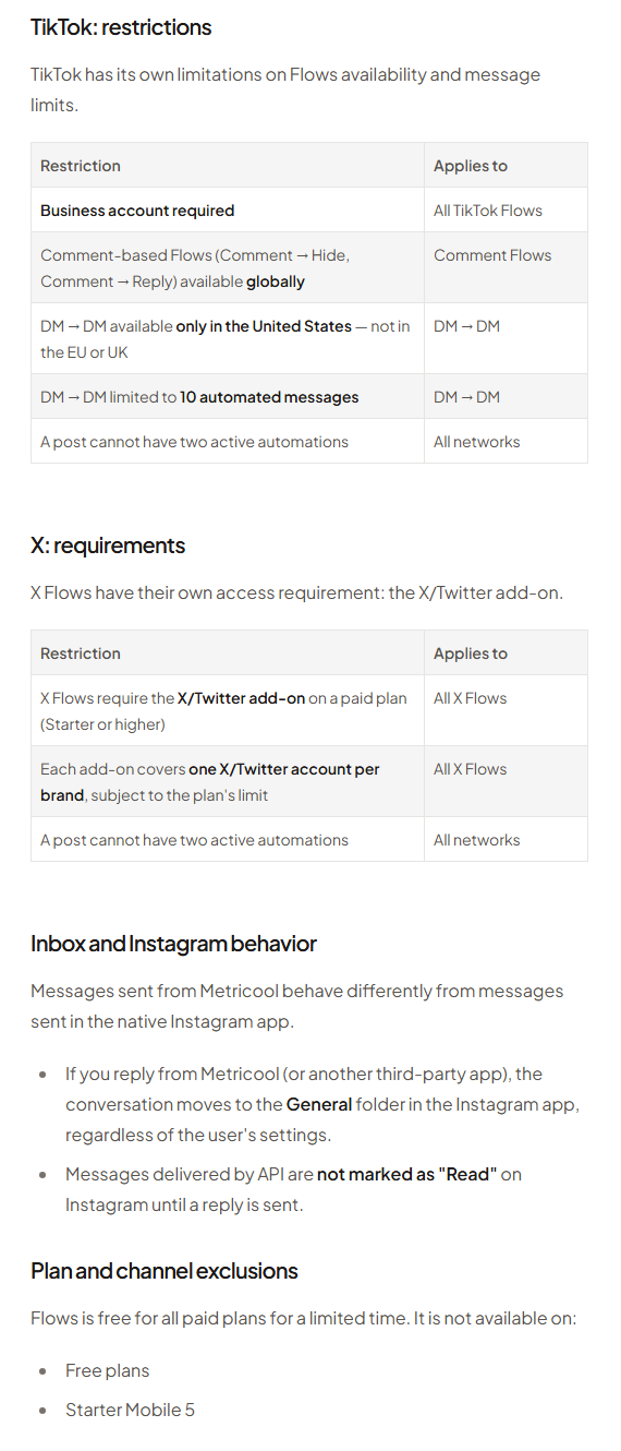 Continuation of the Flows limits article: TikTok requires a Business account, comment Flows are available globally, DM to DM is available only in the United States and not in the EU or UK and is limited to 10 automated messages; X Flows require the X add-on on a paid plan; replies from Metricool move Instagram conversations to the General folder; Flows is free for all paid plans for a limited time and not available on Free plans or Starter Mobile 5