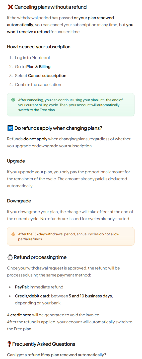 Refund policy sections Canceling plans without a refund, Do refunds apply when changing plans and Refund processing time: no refund after the withdrawal period or a renewal, no refunds when upgrading or downgrading, no partial refunds on annual cycles after 15 days, PayPal refunds immediate and card refunds in 5 to 10 business days