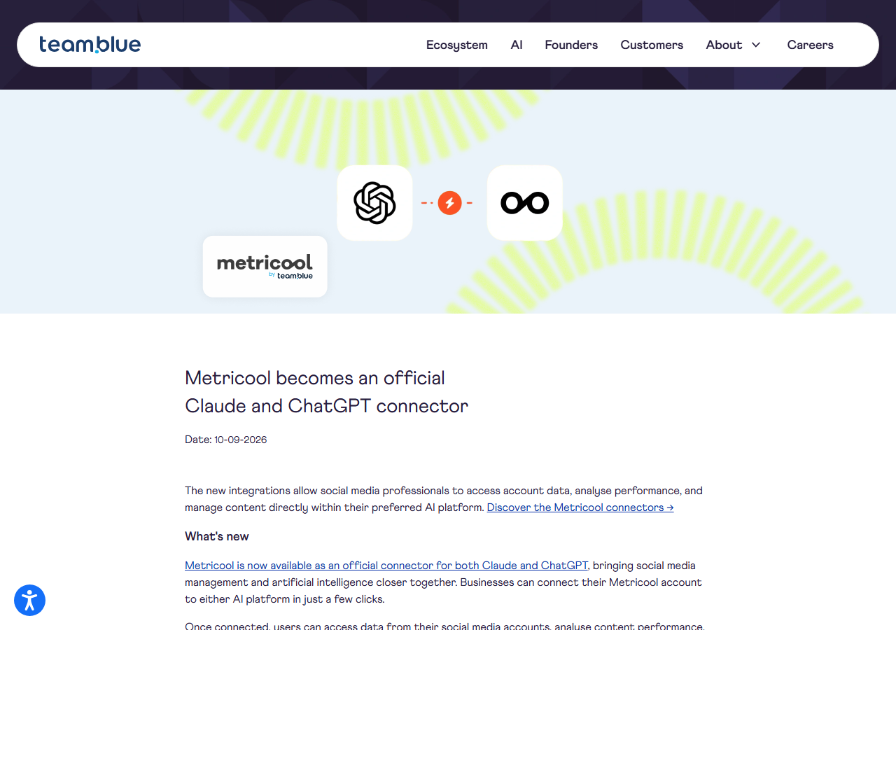 team.blue product update page Metricool becomes an official Claude and ChatGPT connector, dated 10-09-2026, with Claude, Metricool and ChatGPT icons and text saying the connectors let users access account data, analyse performance and manage content planning inside the conversation