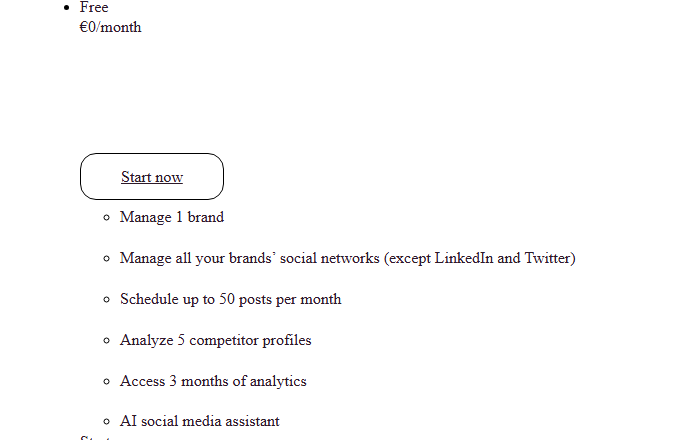Internet Archive copy of the Metricool pricing page dated December 14, 2025, displayed without its page styling, showing the Free plan at 0 euros a month with Manage 1 brand, Manage all your brands' social networks except LinkedIn and Twitter, Schedule up to 50 posts per month, Analyze 5 competitor profiles, Access 3 months of analytics and AI social media assistant