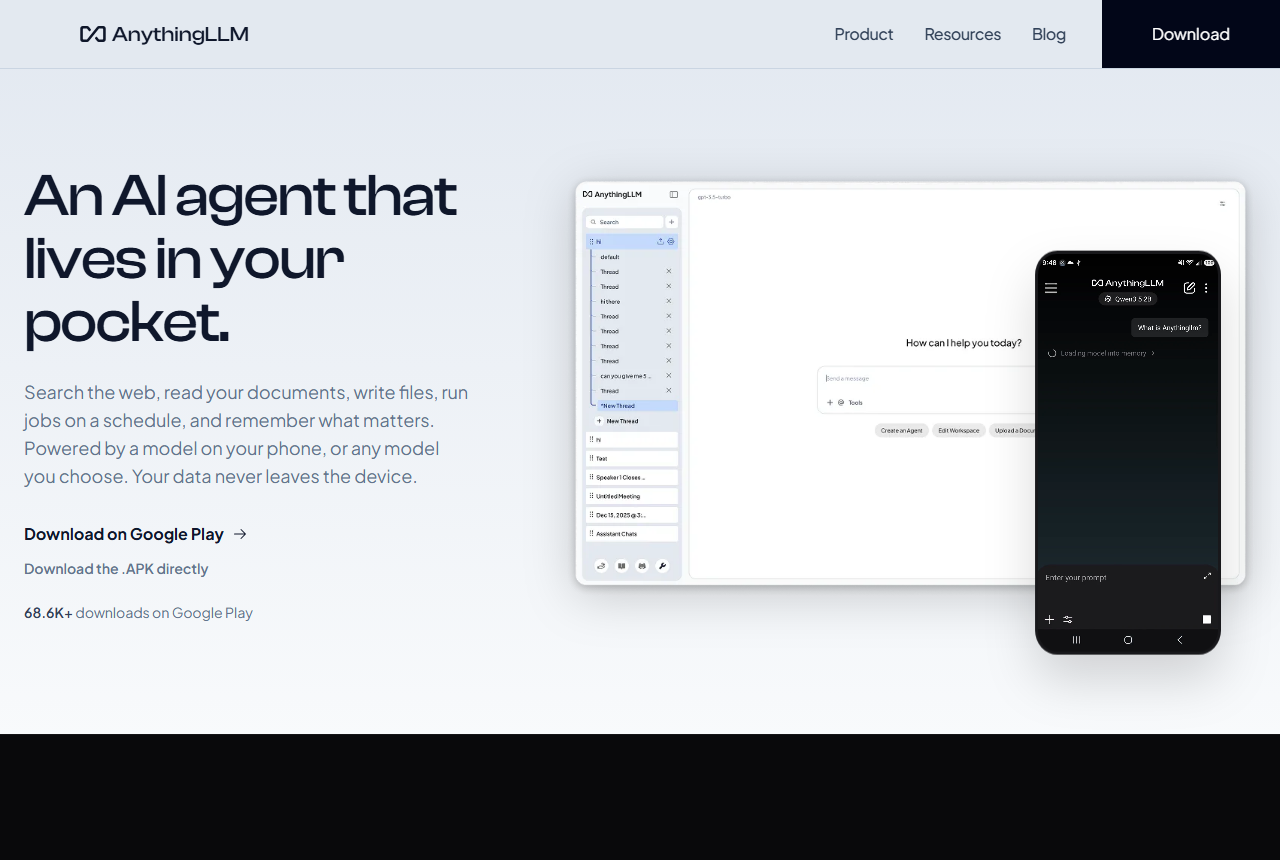 AnythingLLM Mobile page: headline An AI agent that lives in your pocket, a Download on Google Play link, a direct APK link and a note of 68.6K+ downloads on Google Play