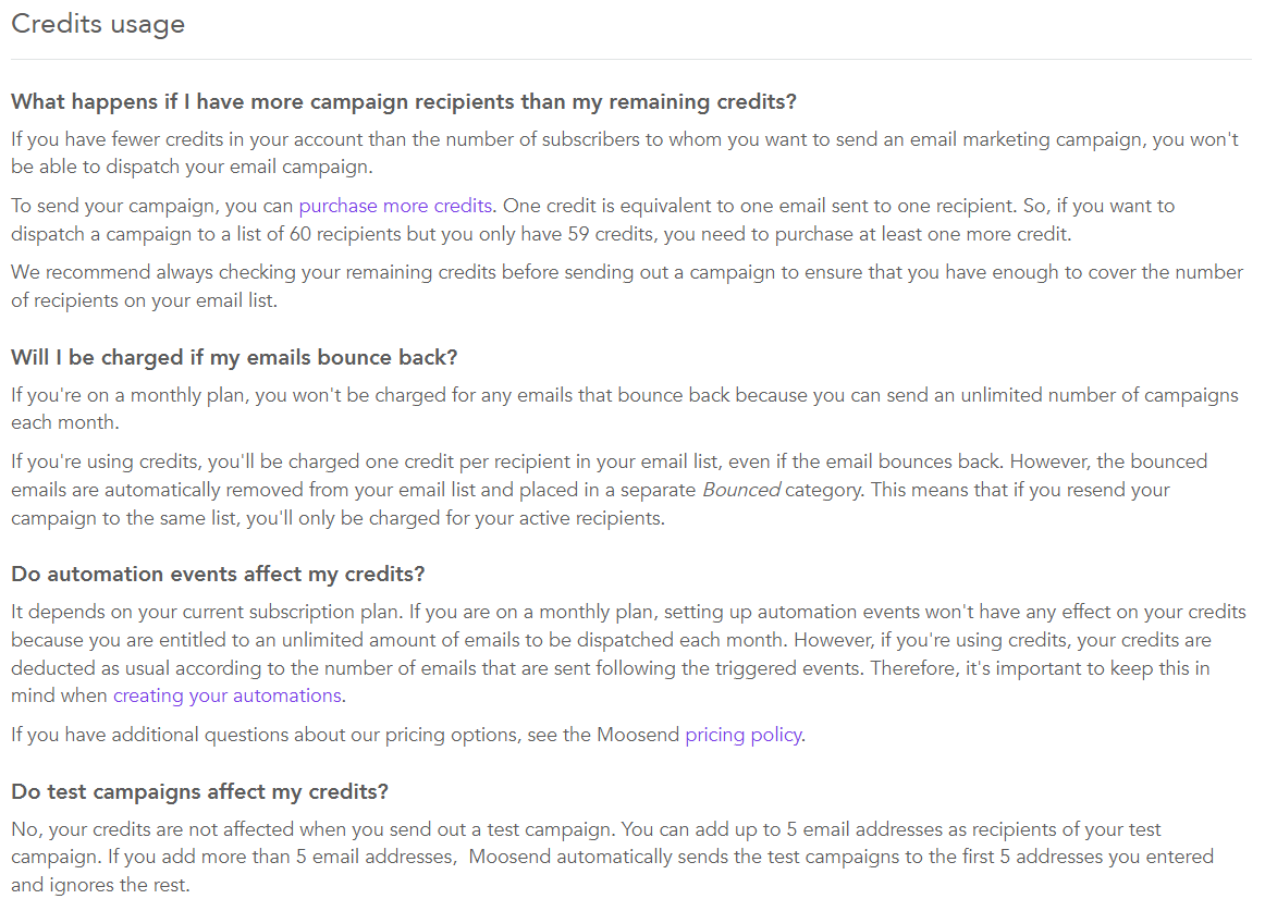 Credits usage section of the Moosend Subscriptions and billing FAQ: a campaign cannot be sent with fewer credits than recipients; on a monthly plan bounces are not charged, but with credits one credit is charged per recipient even if the email bounces; automation emails use credits; test campaigns do not