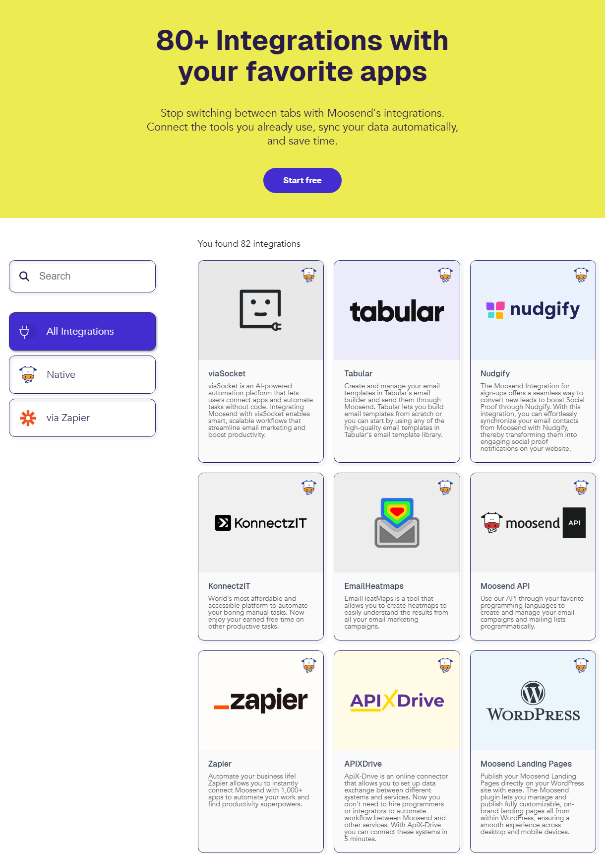 Moosend integrations page headed 80+ Integrations with your favorite apps, with filters for All Integrations, Native and via Zapier, the line You found 82 integrations, and cards for viaSocket, Tabular, Nudgify, KonnectzIT, EmailHeatmaps, Moosend API, Zapier, APIXDrive and Moosend Landing Pages for WordPress