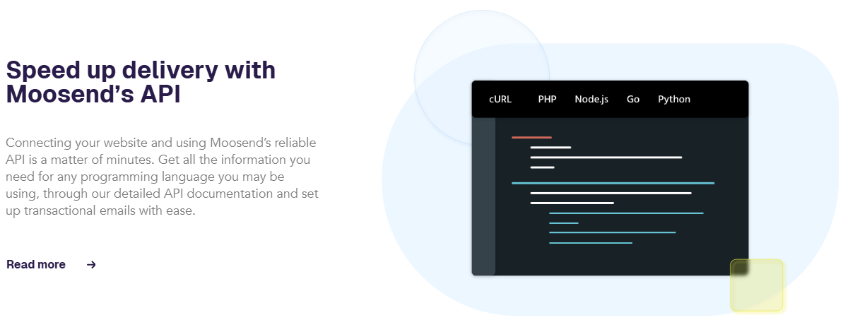 Moosend transactional email page section Speed up delivery with Moosend&rsquo;s API, with a code panel showing tabs for several programming languages, including PHP, Node.js, Go and Python