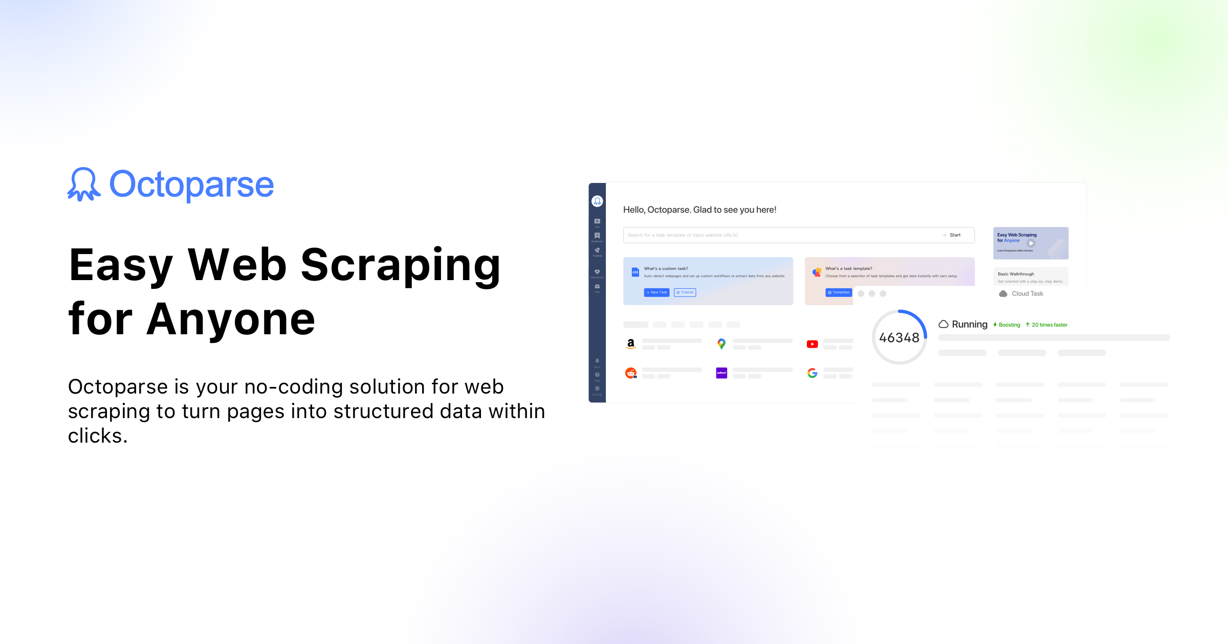 Octoparse social image: the Octoparse logo and the line Easy Web Scraping for Anyone beside a picture of the desktop app home screen with a cloud task running