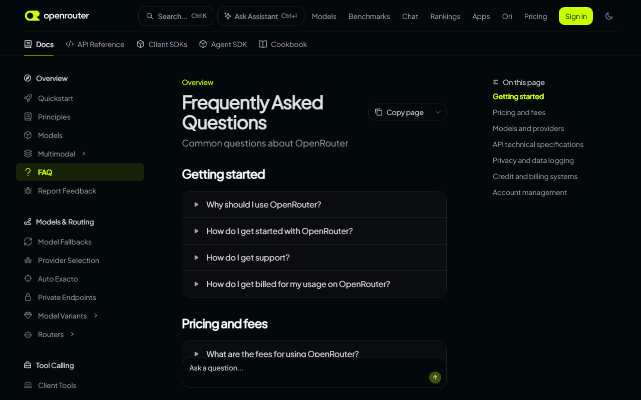 OpenRouter docs Frequently Asked Questions page with sections on getting started, pricing and fees, models and providers, API specifications, privacy and credits, and a list of questions