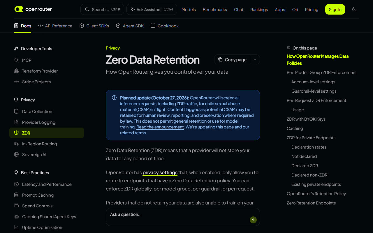 OpenRouter docs page Zero Data Retention with a blue note headed Planned update (October 27, 2026) saying OpenRouter will screen all inference requests, including ZDR traffic, for illegal child abuse material, above the explanation of what ZDR means