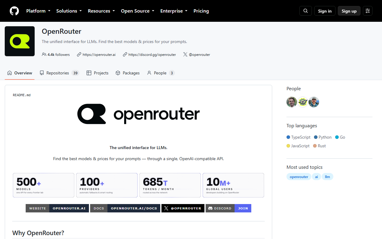 GitHub organization page for OpenRouter with the tagline The unified interface for LLMs and counters of 500+ models, 100+ providers, 685T tokens a month and 10M+ global users