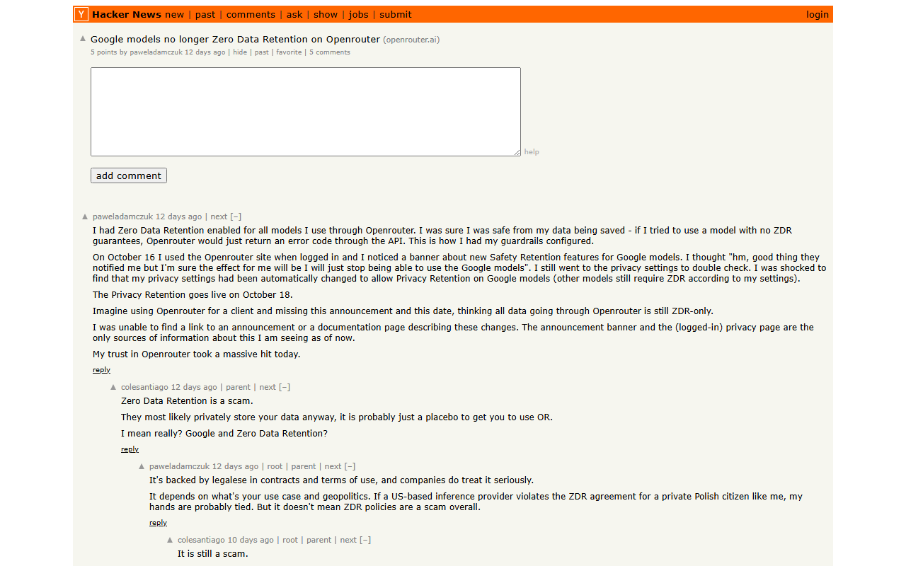Hacker News thread Google models no longer Zero Data Retention on Openrouter showing the original poster's account that their privacy settings changed for Google models, and replies below