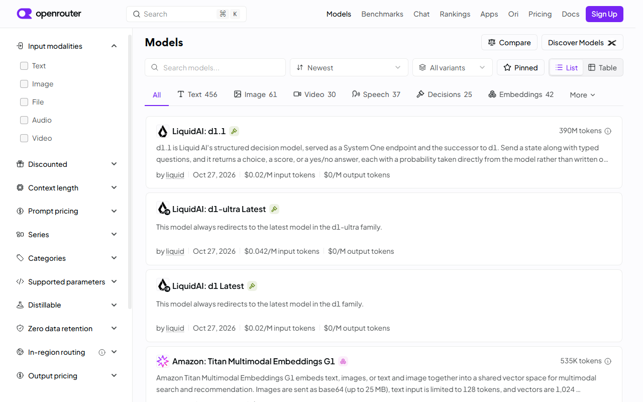 OpenRouter models page with filters on the left for input modalities, context length and zero data retention, tabs such as Text 456, Image 61, Video 30, Speech 37 and Embeddings 42, and a list of models with per-million-token prices