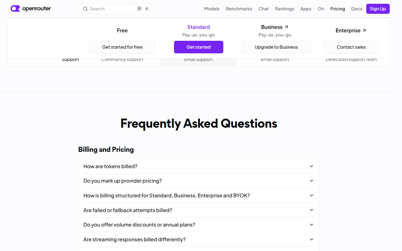 OpenRouter pricing page Frequently Asked Questions, Billing and Pricing section, listing questions such as How are tokens billed, Do you mark up provider pricing, and Are failed or fallback attempts billed