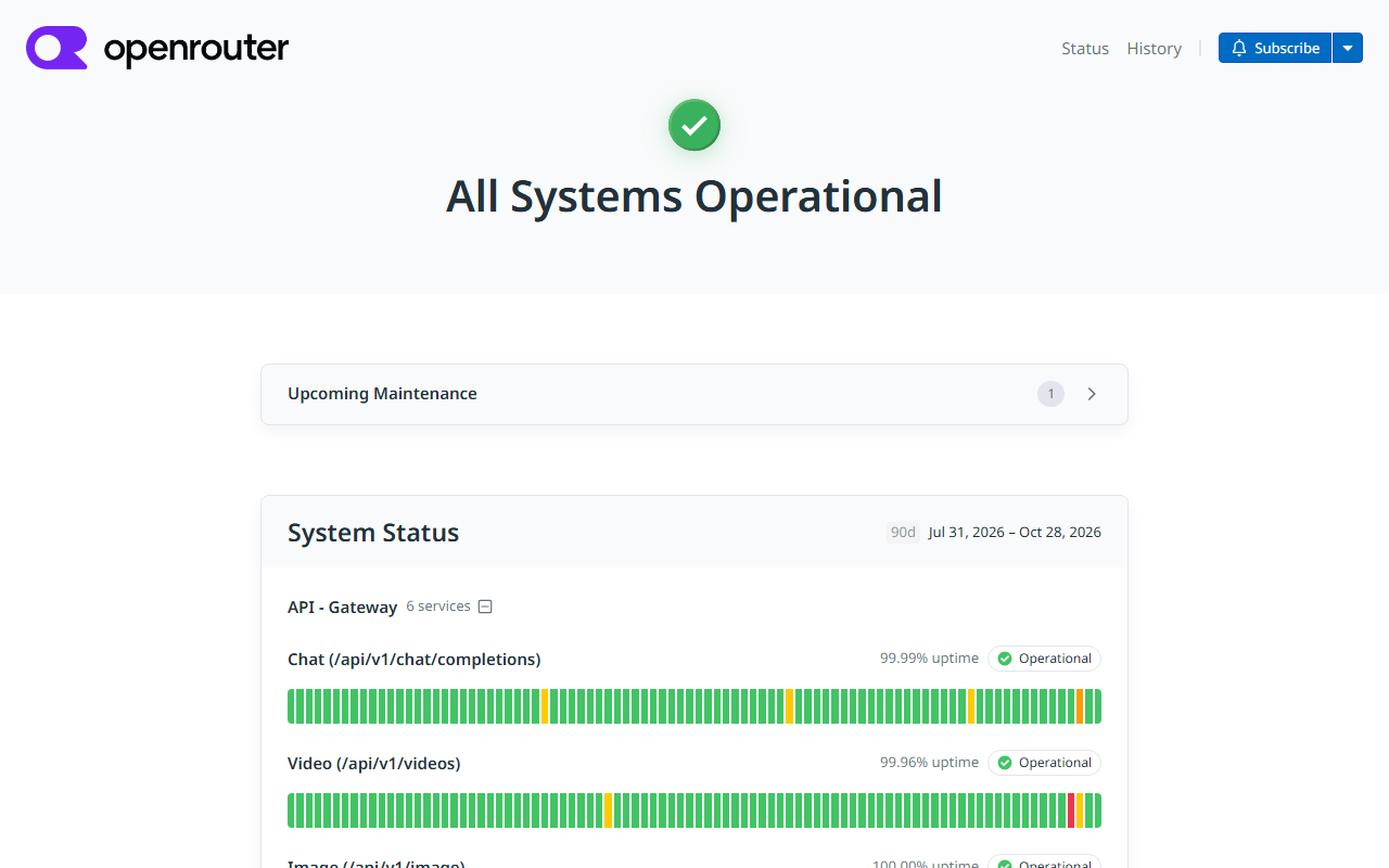 OpenRouter status page with All Systems Operational and a System Status panel for Jul 31 to Oct 28, 2026 showing Chat completions at 99.99% uptime and other API gateway services