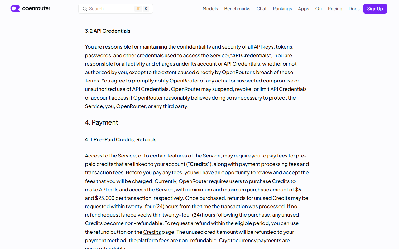 OpenRouter Terms of Service text showing section 3.2 API Credentials and section 4.1 Pre-Paid Credits; Refunds, which states the $5 minimum and $25,000 maximum purchase per transaction and the 24-hour refund window