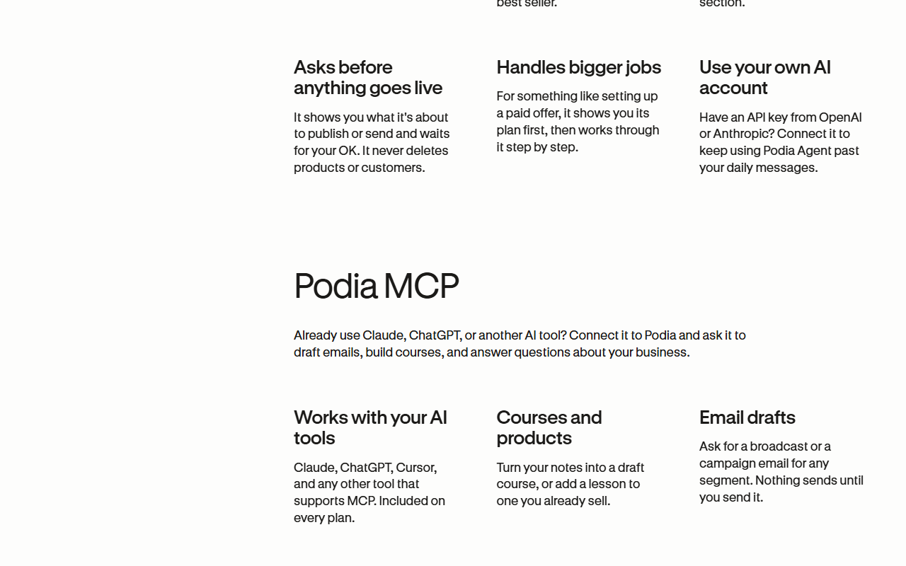 Section of Podia's features page with three Podia Agent cards, Asks before anything goes live, Handles bigger jobs and Use your own AI account, followed by the Podia MCP section with cards Works with your AI tools, saying Claude, ChatGPT, Cursor and any tool that supports MCP are included on every plan, Courses and products, and Email drafts