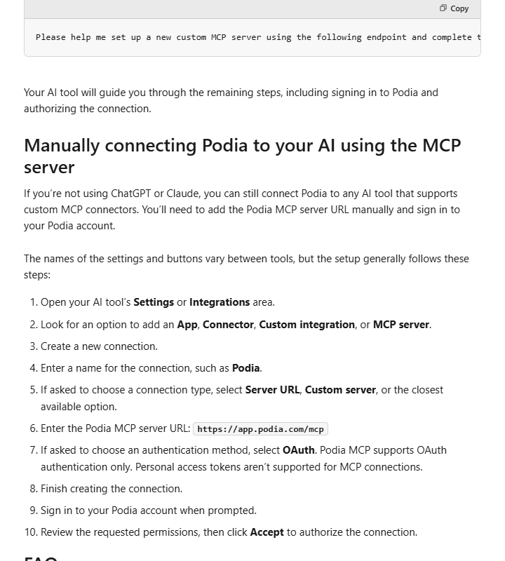 Podia help article Connecting Podia to your AI tool, section Manually connecting Podia to your AI using the MCP server, with numbered steps ending in entering the server URL app.podia.com/mcp, choosing OAuth, and signing in to Podia to accept the requested permissions