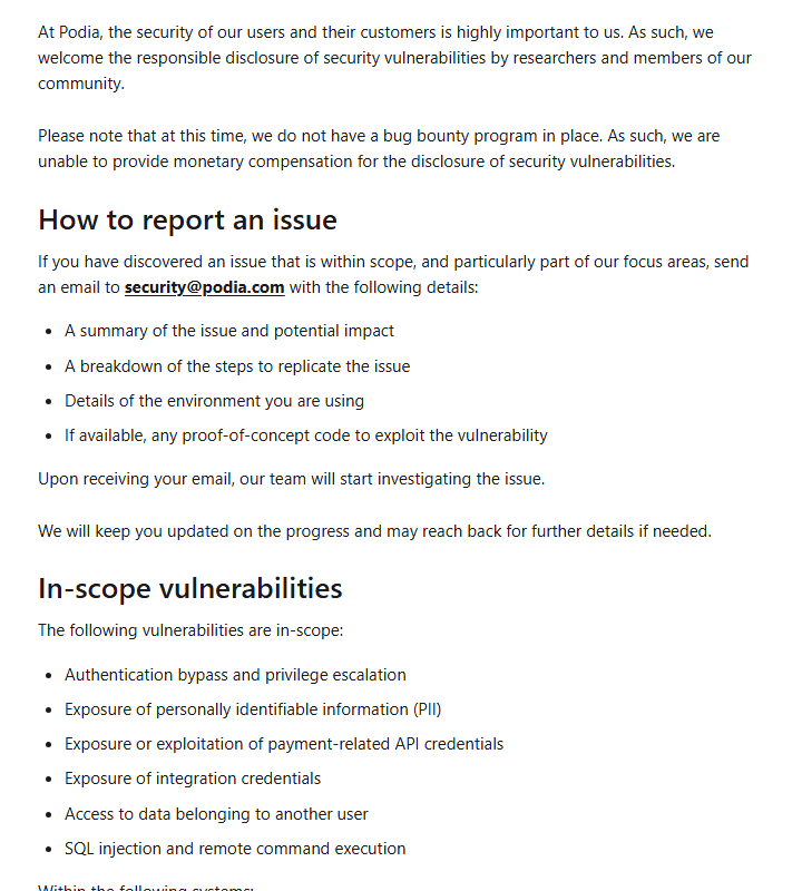 Podia help article Security policy, dated January 22, 2026, welcoming responsible disclosure of vulnerabilities and noting that Podia does not have a bug bounty program in place and cannot pay for disclosures