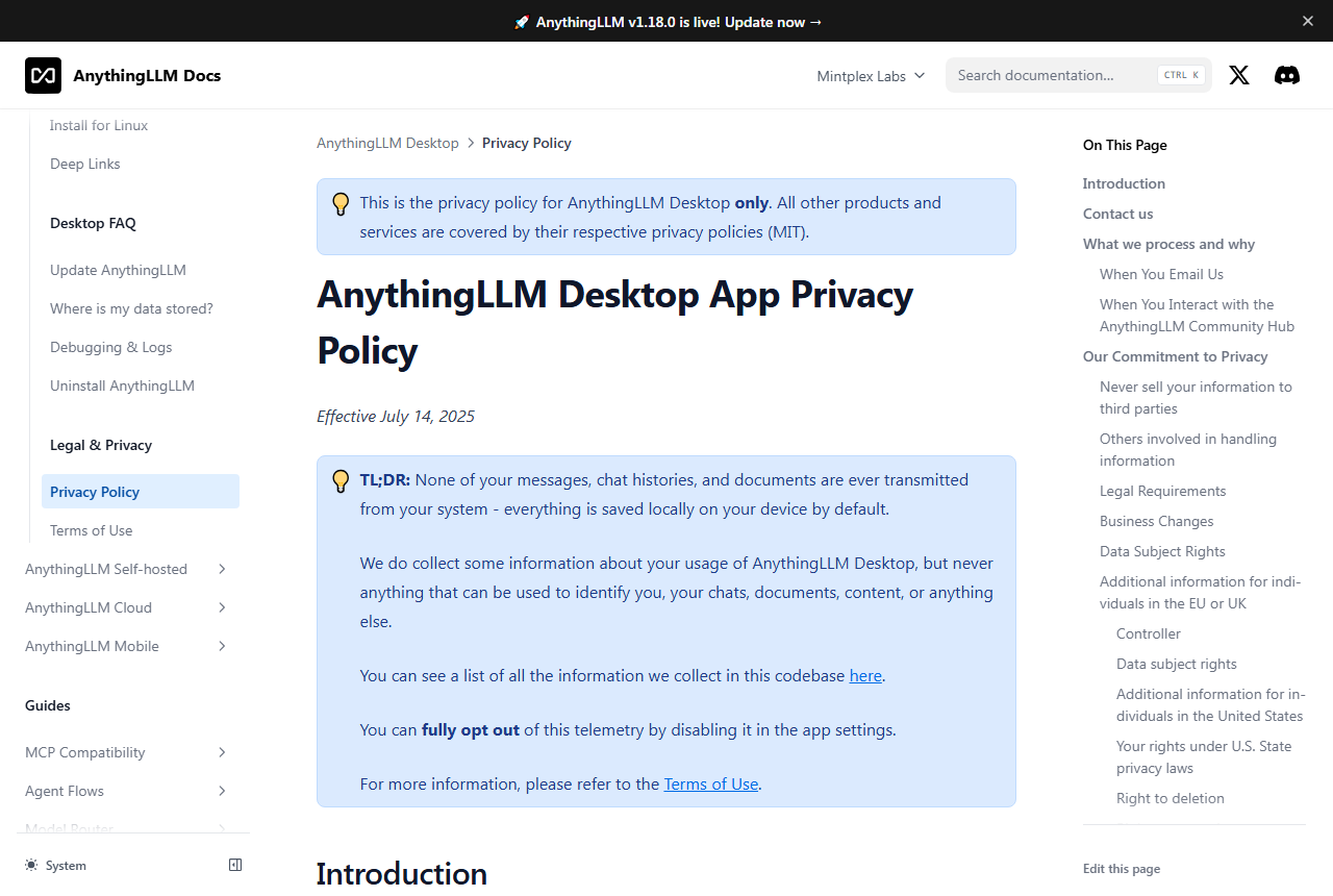 AnythingLLM Desktop App Privacy Policy page effective July 14, 2025, with a note that none of your messages, chat histories and documents are transmitted from your system and that telemetry can be turned off in the app settings