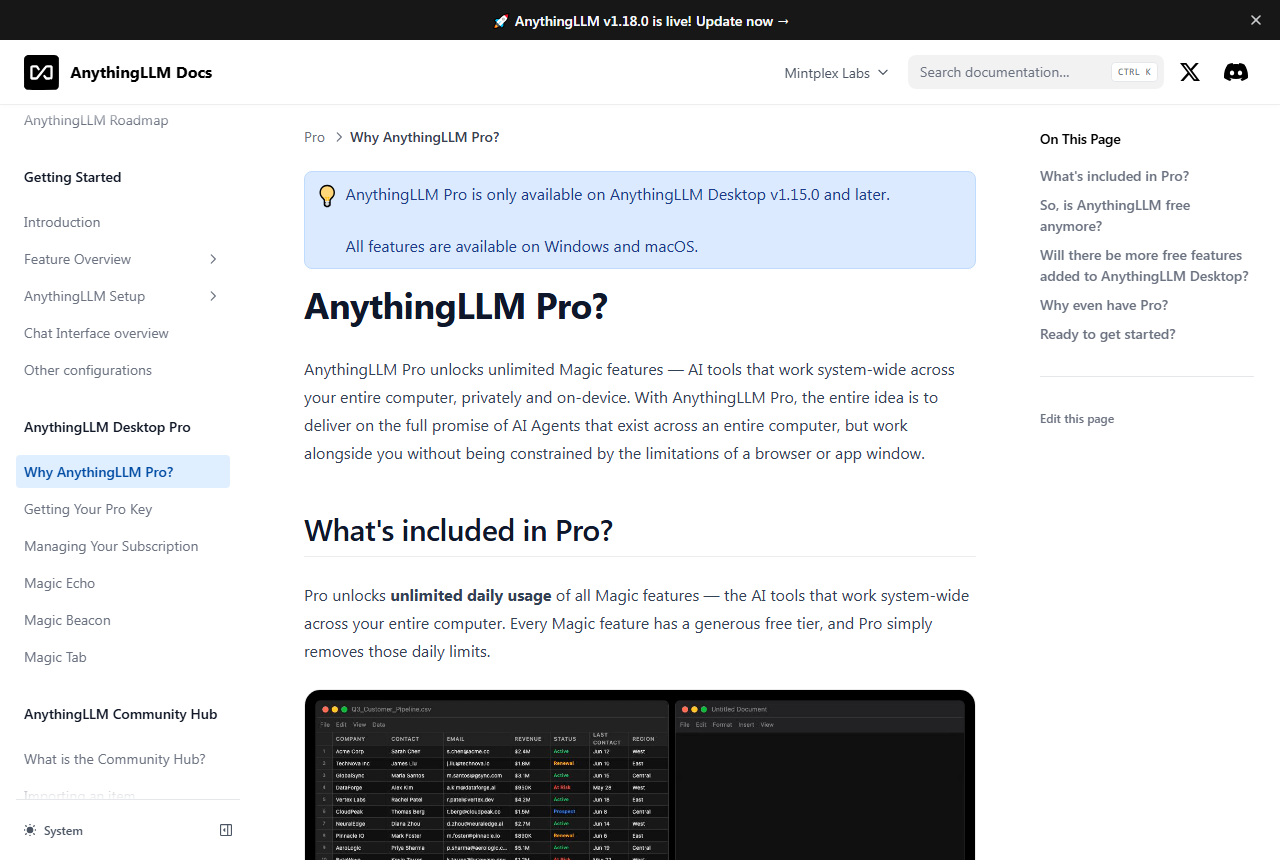 AnythingLLM docs page Why AnythingLLM Pro: a note that Pro is only available on Desktop v1.15.0 and later on Windows and macOS, and the section What's included in Pro about unlimited daily usage of Magic features