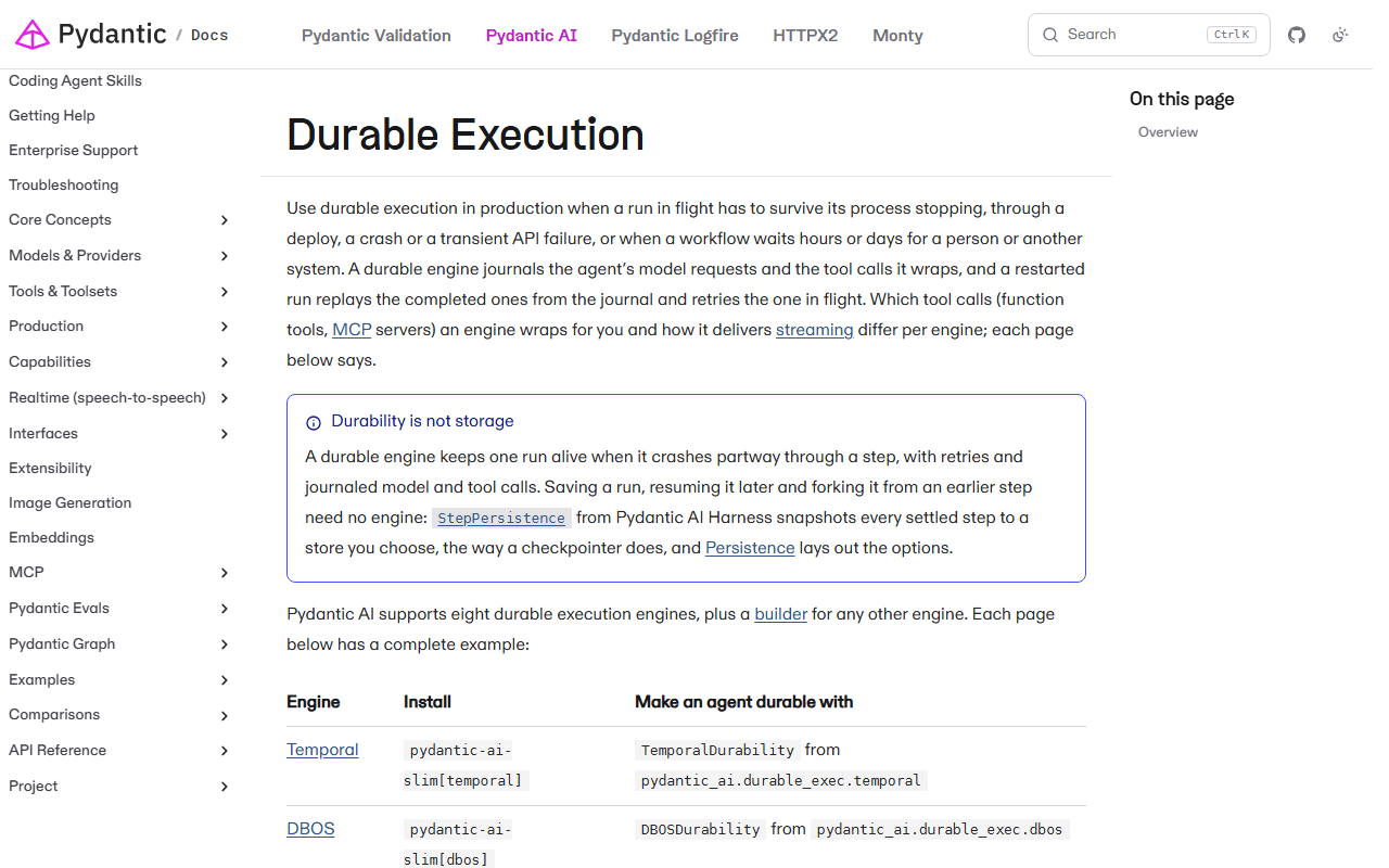 Durable Execution documentation page explaining that a durable engine journals the agent's model requests and tool calls so a restarted run replays completed ones, a box titled Durability is not storage, the sentence that Pydantic AI supports eight durable execution engines, and the start of a table listing Temporal and DBOS with install commands