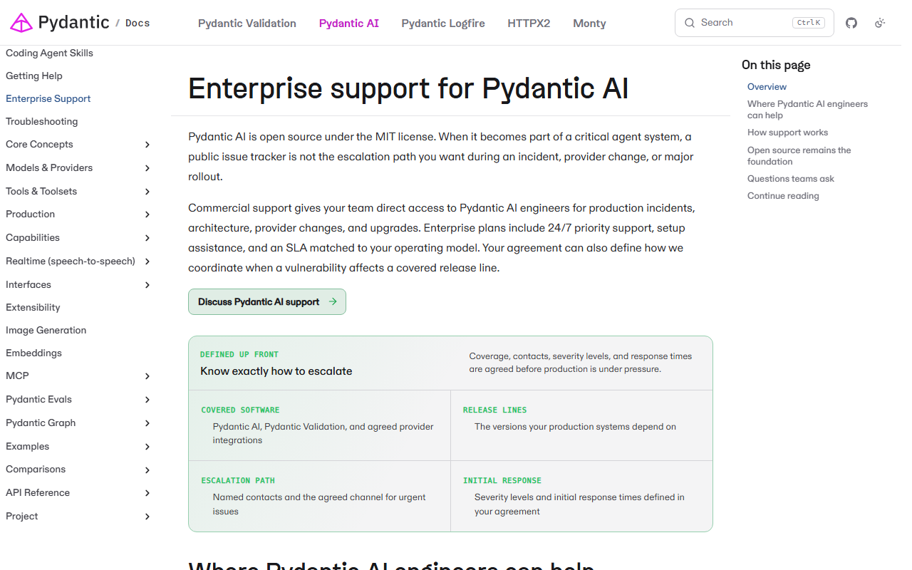 Enterprise support for Pydantic AI documentation page explaining that Pydantic AI is open source under the MIT licence and that commercial support gives direct access to Pydantic AI engineers for production incidents, architecture, provider changes and upgrades, with 24/7 priority support, setup assistance and an SLA