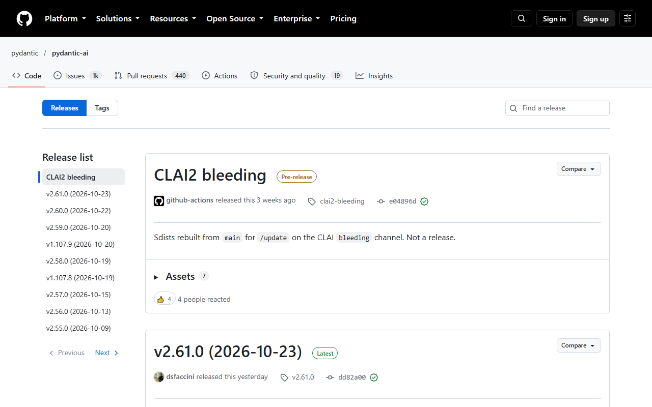 GitHub Releases page for pydantic/pydantic-ai with a pre-release named CLAI2 bleeding, the latest release v2.61.0 dated 2026-10-23, and a release list showing v2.60.0, v2.59.0, v1.107.9, v2.58.0, v1.107.8, v2.57.0, v2.56.0 and v2.55.0 with dates from Oct 9 to Oct 22