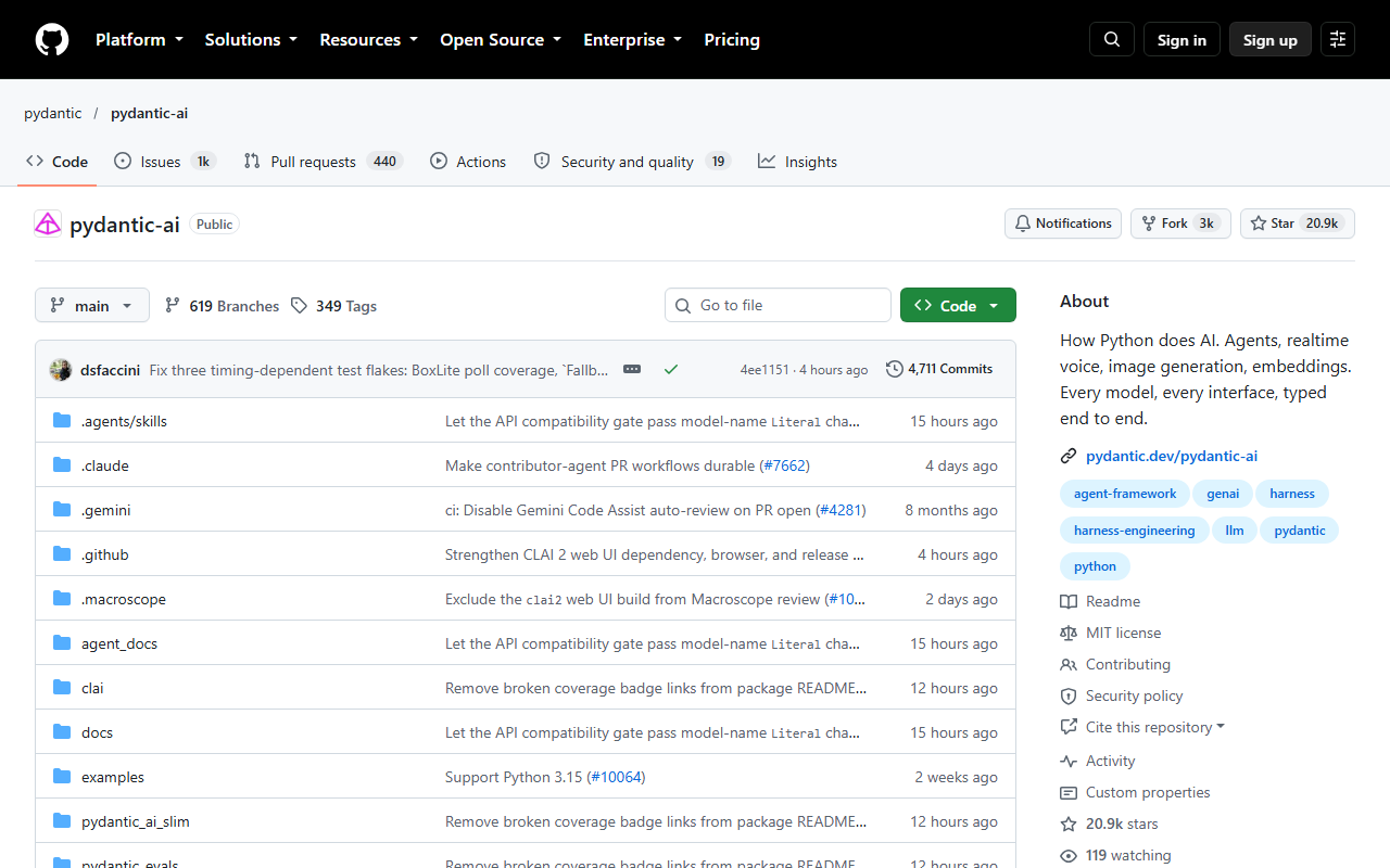 GitHub page of pydantic/pydantic-ai showing 1k issues, 440 pull requests, 19 security items, 20.9k stars, 3k forks, 619 branches, 349 tags, 4,711 commits, an About box saying How Python does AI, the MIT licence and topics agent-framework, genai, harness and llm