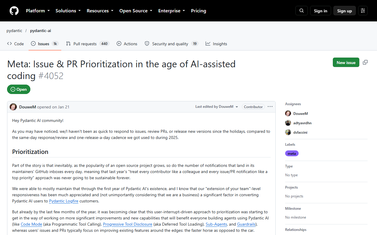 GitHub issue 4052 titled Meta: Issue and PR Prioritization in the age of AI-assisted coding, open, opened by DouweM on Jan 21, with the text saying the maintainers have not been as quick to respond to issues, review PRs or release since the holidays compared with the same-day response and one-release-a-day cadence of 2025