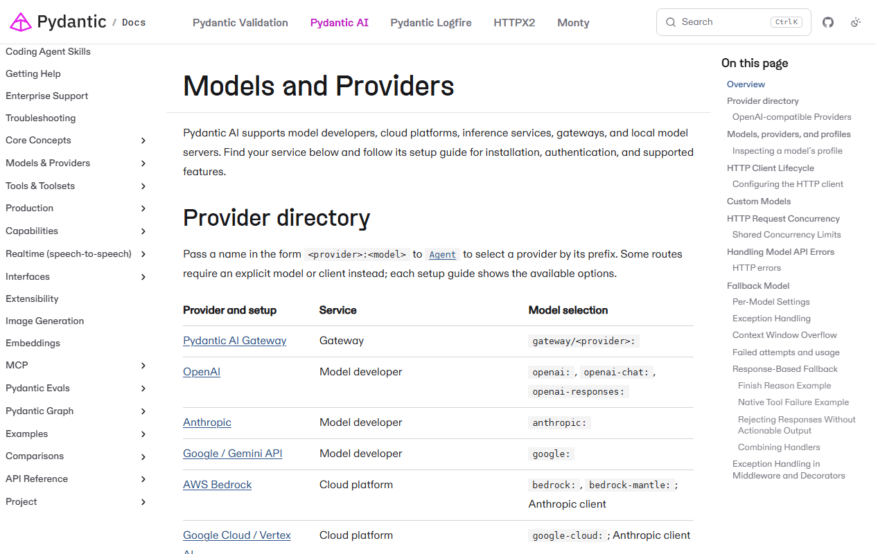 Models and Providers documentation page explaining that Pydantic AI supports model developers, cloud platforms, inference services, gateways and local model servers, and a Provider directory table listing the Pydantic AI Gateway with the prefix gateway/, OpenAI, Anthropic, Google, AWS Bedrock, Google Cloud, Microsoft Azure and others
