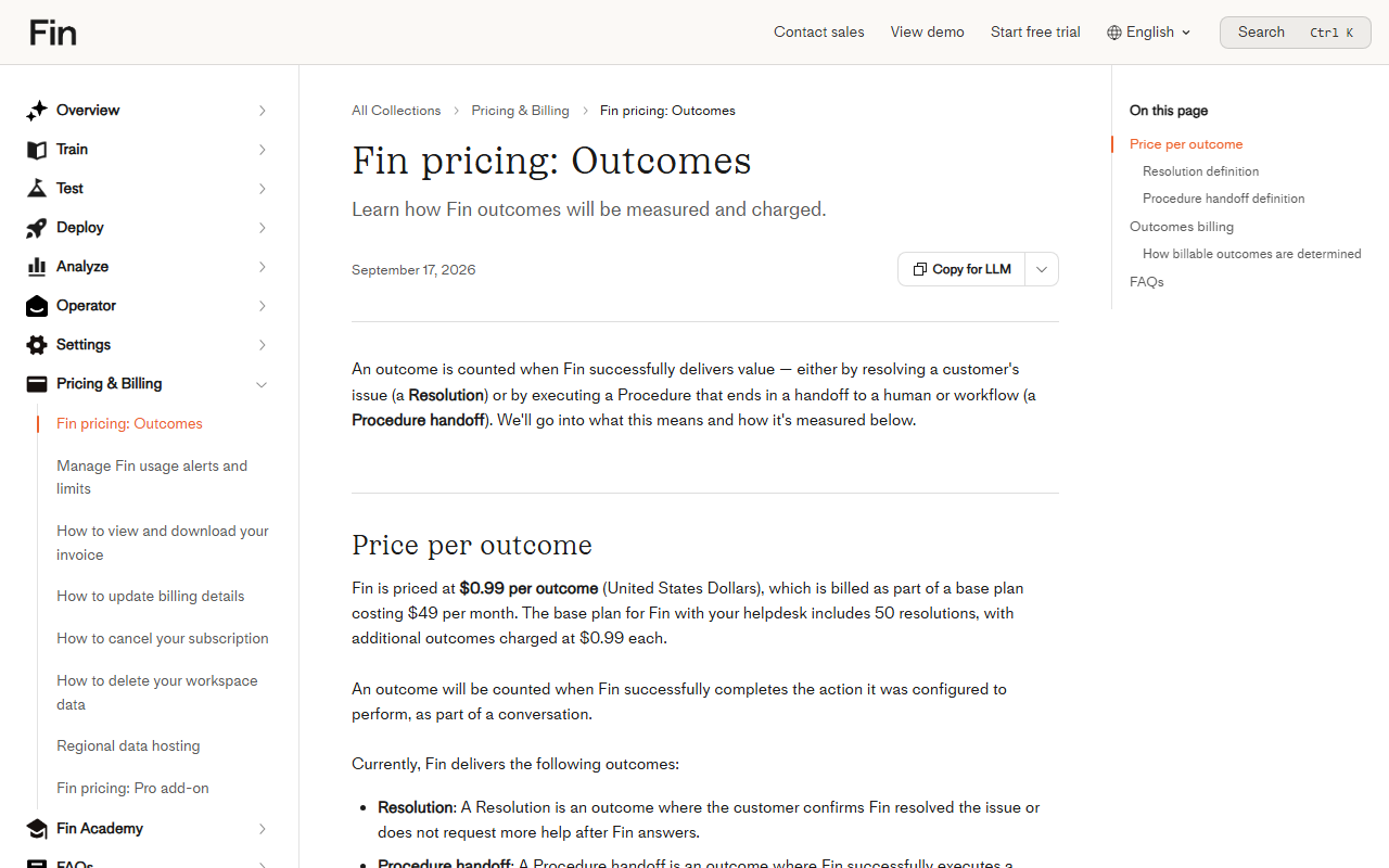 Fin Help Center article Fin pricing: Outcomes dated September 17, 2026, stating Fin is priced at $0.99 per outcome, billed as part of a base plan costing $49 per month that includes 50 resolutions