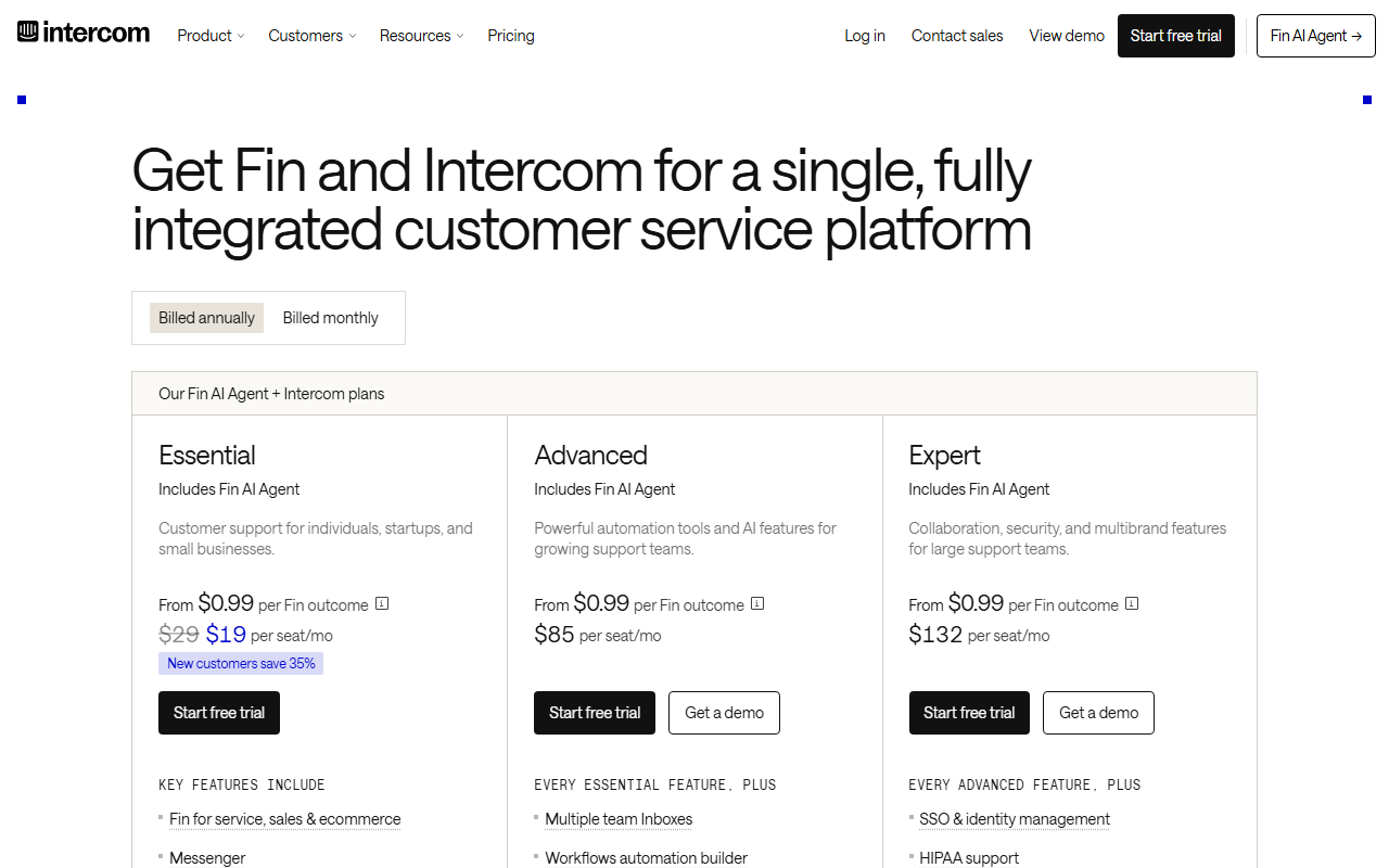 Intercom pricing page billed annually: Essential, Advanced and Expert plans each From $0.99 per Fin outcome, with seats at $29 struck through to $19 marked New customers save 35%, $85 and $132 per seat per month