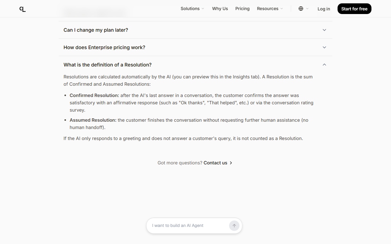 Quickchat AI pricing FAQ expanded at What is the definition of a Resolution, listing Confirmed Resolution and Assumed Resolution and saying a reply to a greeting alone is not counted