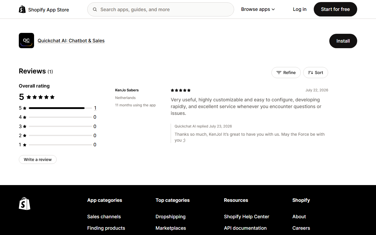 Shopify App Store reviews page for Quickchat AI: Chatbot and Sales showing Reviews (1), an overall rating of 5 with one five-star review from KenJo Sabers in the Netherlands dated July 22, 2026, and a reply from Quickchat AI dated July 23, 2026