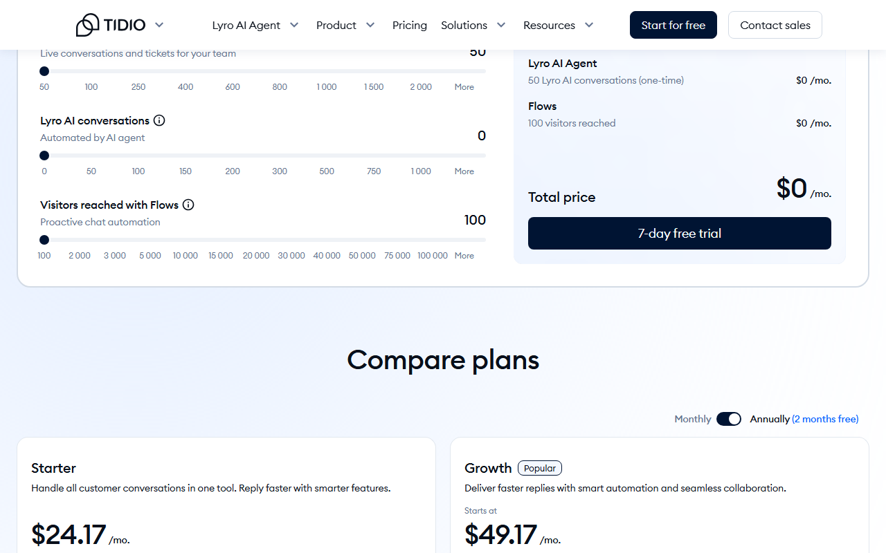 Tidio pricing page with a usage calculator for billable conversations, Lyro AI conversations and Flows visitors above Compare plans, with the Annually (2 months free) toggle on, Starter $24.17 a month and Growth starting at $49.17 a month