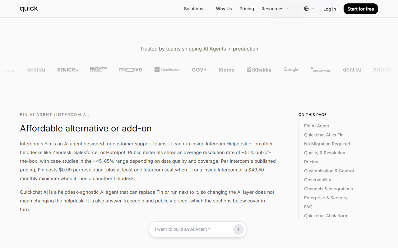 Quickchat AI page Affordable alternative or add-on for Fin AI Agent, with a paragraph saying Fin costs $0.99 per resolution plus at least one Intercom seat inside Intercom or a $49.50 monthly minimum on another helpdesk
