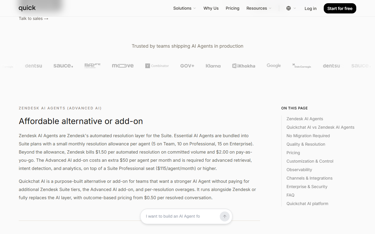 Quickchat AI page Affordable alternative or add-on for Zendesk AI Agents, with a paragraph citing 5, 10 and 15 resolutions per agent, $1.50 per automated resolution committed, $2.00 pay-as-you-go, a $50 Advanced AI add-on and a $115 Suite Professional seat