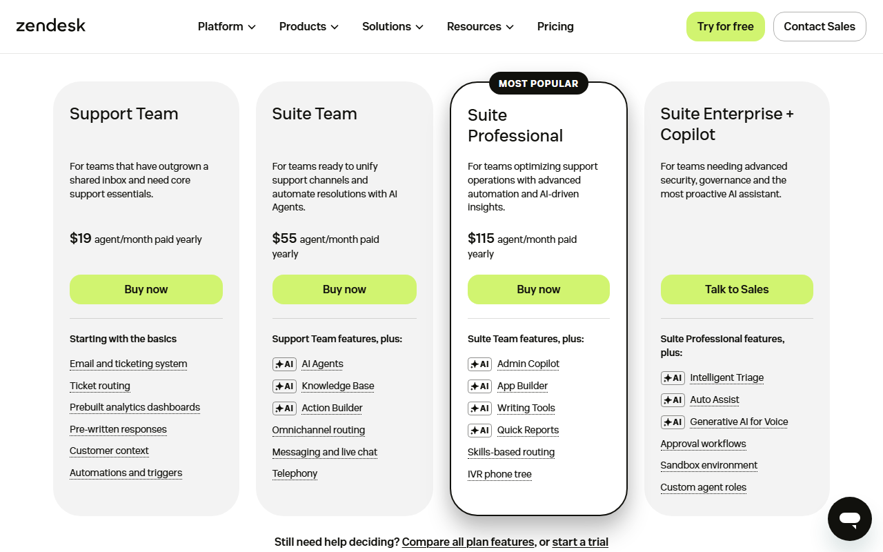 Zendesk pricing page with Support Team $19, Suite Team $55 and Suite Professional $115 per agent per month paid yearly, and Suite Enterprise plus Copilot with Talk to Sales; AI Agents listed under Suite Team