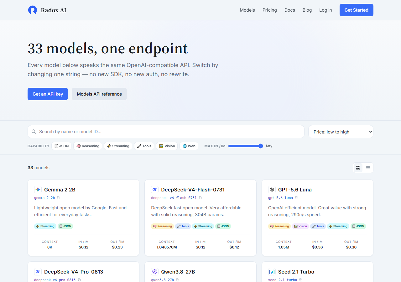 Screenshot of the radoxai.com models page showing the heading 33 models, one endpoint, the capability filters and the first model cards