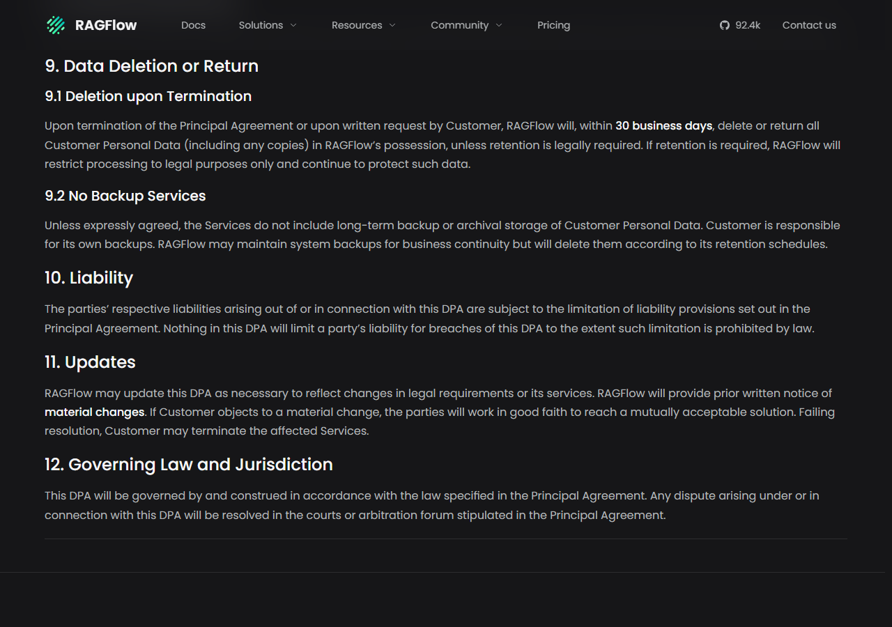 RAGFlow Data Processing Agreement sections 9 to 12: deletion or return of customer personal data within 30 business days, 9.2 No Backup Services stating the services do not include long-term backup and the customer is responsible for its own backups, liability, updates and governing law deferring to the principal agreement