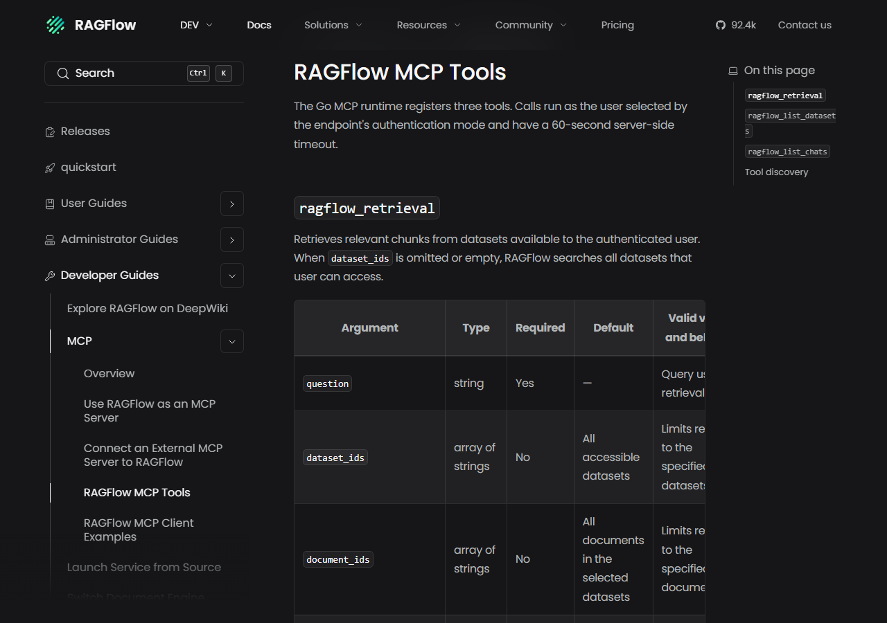 RAGFlow MCP Tools documentation page stating that the Go MCP runtime registers three tools with a 60-second server-side timeout, followed by the ragflow_retrieval section and a table of arguments: question required, dataset_ids and document_ids optional arrays
