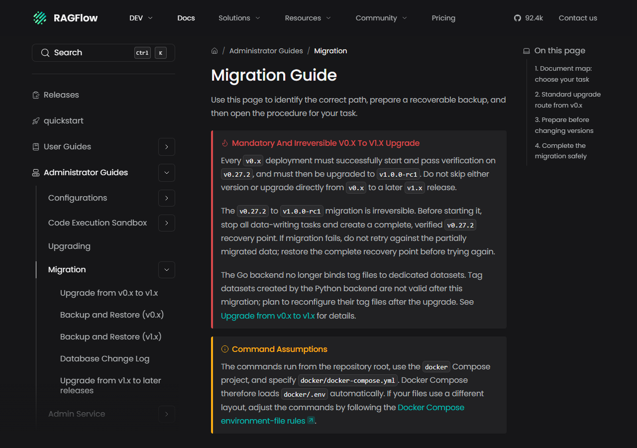RAGFlow Migration Guide page with a red box titled Mandatory And Irreversible V0.X To V1.X Upgrade explaining that every v0.x deployment must pass verification on v0.27.2 and then be upgraded to v1.0.0-rc1, that the migration is irreversible and needs a verified recovery point, and that tag datasets created by the Python backend are not valid after migration