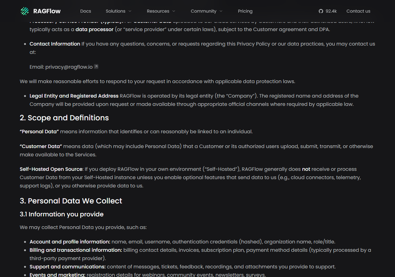RAGFlow Privacy Policy section with the contact email privacy@ragflow.io, a Legal Entity and Registered Address paragraph saying the registered name and address of the Company will be provided upon request, and a Self-Hosted Open Source paragraph saying RAGFlow generally does not receive customer data from self-hosted instances unless optional features such as cloud connectors, telemetry or support logs are enabled