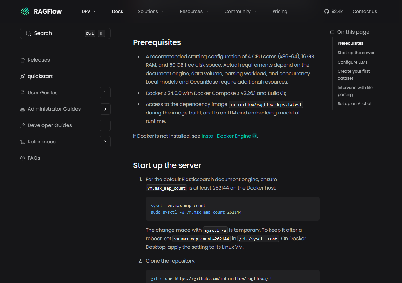 RAGFlow quickstart documentation Prerequisites section listing a recommended 4 CPU cores x86-64, 16 GB RAM and 50 GB free disk, Docker 24.0.0 or newer with Compose v2.26.1 and BuildKit, access to the infiniflow ragflow_deps image, and the Start up the server step setting vm.max_map_count to 262144