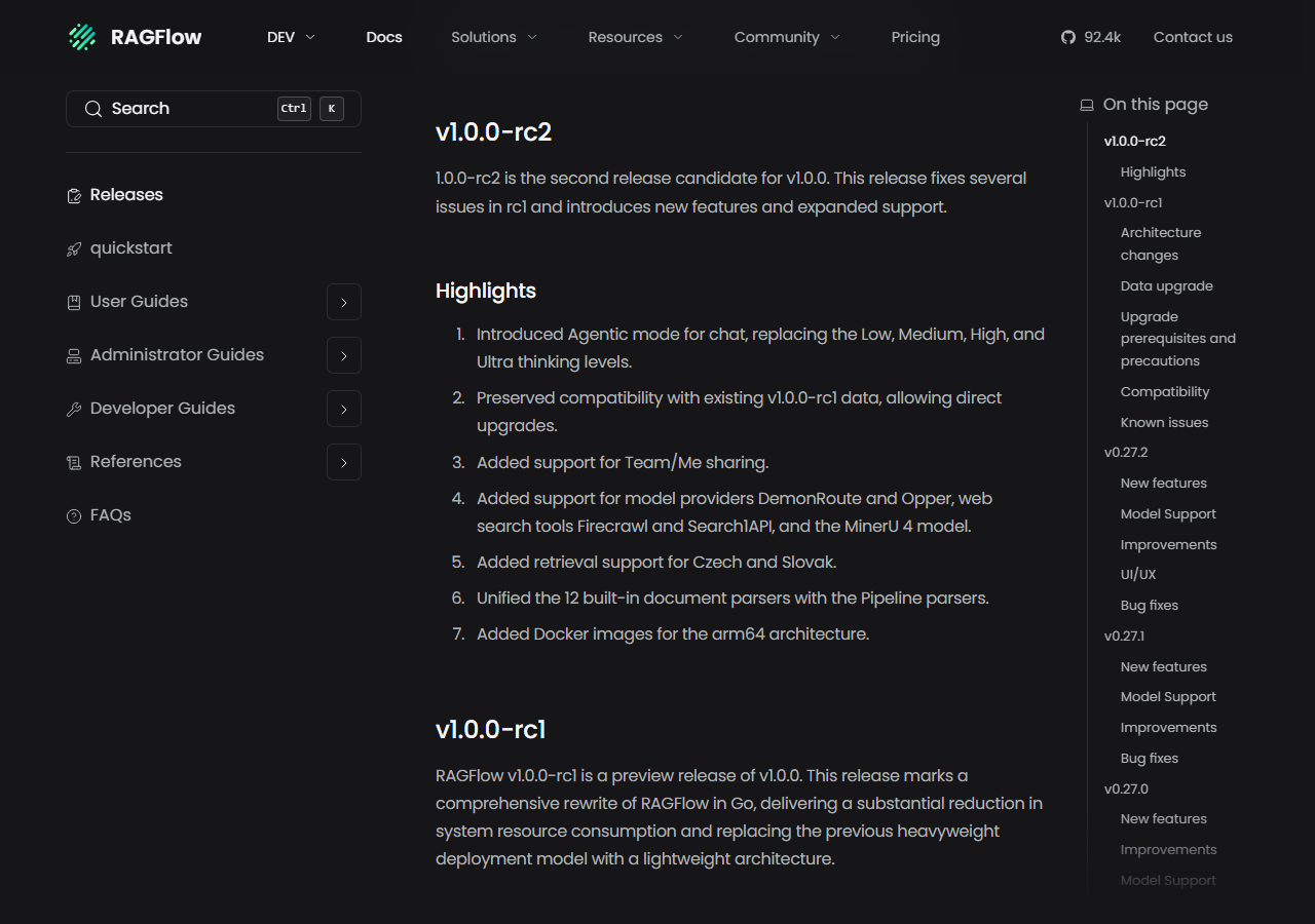 RAGFlow release notes for v1.0.0-rc2 listing highlights: Agentic mode for chat replacing the Low, Medium, High and Ultra thinking levels, compatibility with v1.0.0-rc1 data, Team and Me sharing, new providers DemonRoute and Opper, Firecrawl and Search1API, MinerU 4, Czech and Slovak retrieval, 12 built-in parsers unified with Pipeline parsers, and arm64 Docker images; below, the start of the v1.0.0-rc1 notes