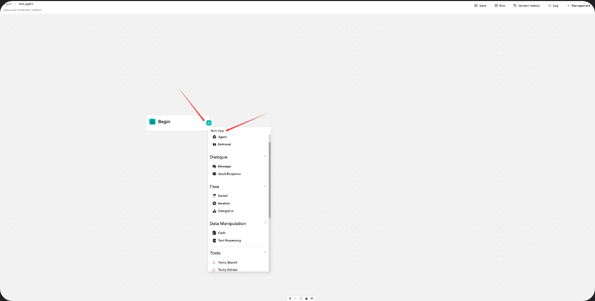 RAGFlow agent canvas with a Begin node and a component menu listing Agent and Retrieval, Dialogue components Message and Await Response, Flow components Switch, Iteration and Categorize, Data Manipulation components Code and Text Processing, and Tools such as Tavily Search and Tavily Extract