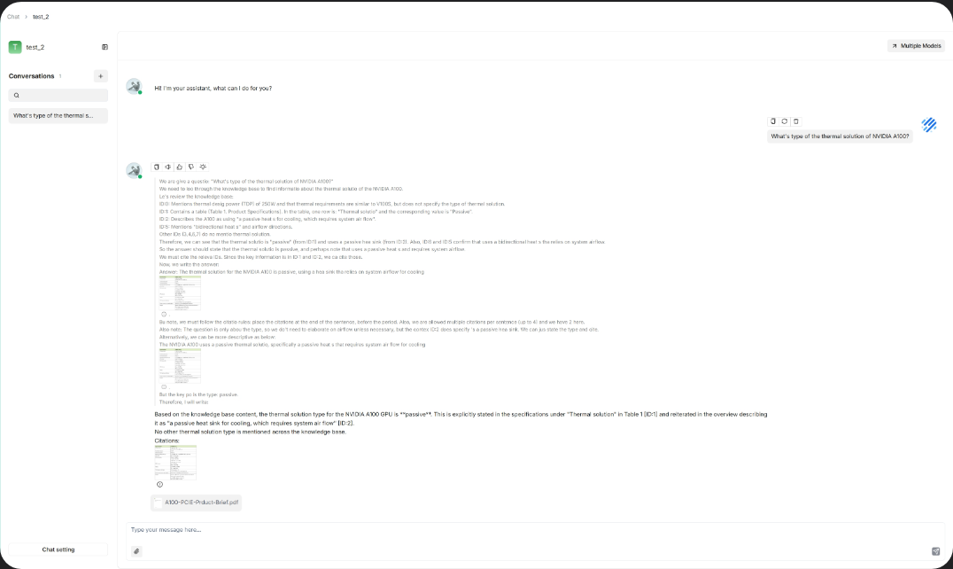 RAGFlow chat conversation asking what type of thermal solution the NVIDIA A100 uses; the model shows its reasoning over evidence IDs, then answers that the thermal solution is passive, cites Table 1 and a second chunk, and lists the cited A100-PCIE-Product-Brief.pdf file