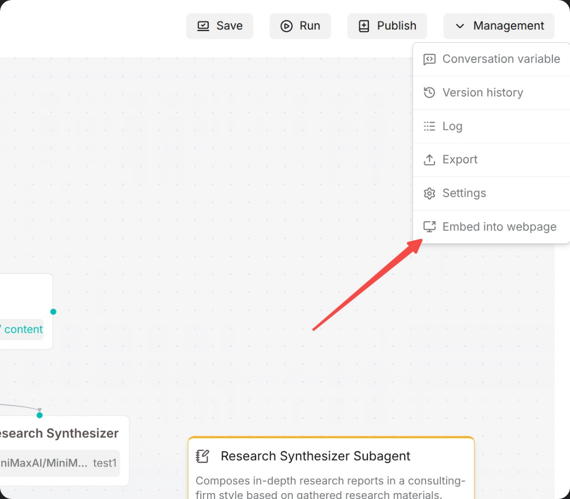 RAGFlow agent editor toolbar with Save, Run, Publish and Management buttons; the Management menu is open showing Conversation variable, Version history, Log, Export, Settings and Embed into webpage, with a red arrow pointing to Embed into webpage, above a Research Synthesizer Subagent node