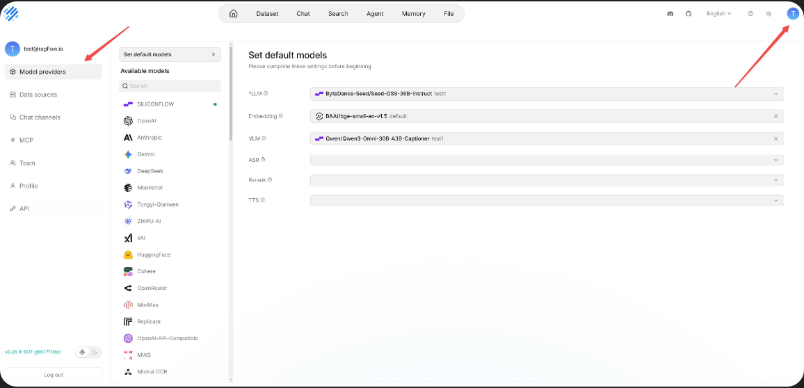 RAGFlow settings with Model providers selected, a list of providers including SiliconFlow, OpenAI, Anthropic, Gemini, DeepSeek, Moonshot, Tongyi-Qianwen, ZHIPU-AI, xAI, HuggingFace, Cohere, OpenRouter, MiniMax, Replicate and OpenAI-API-Compatible, and a Set default models panel for LLM, Embedding, VLM, ASR, Rerank and TTS; the corner shows version v0.26.4-1017