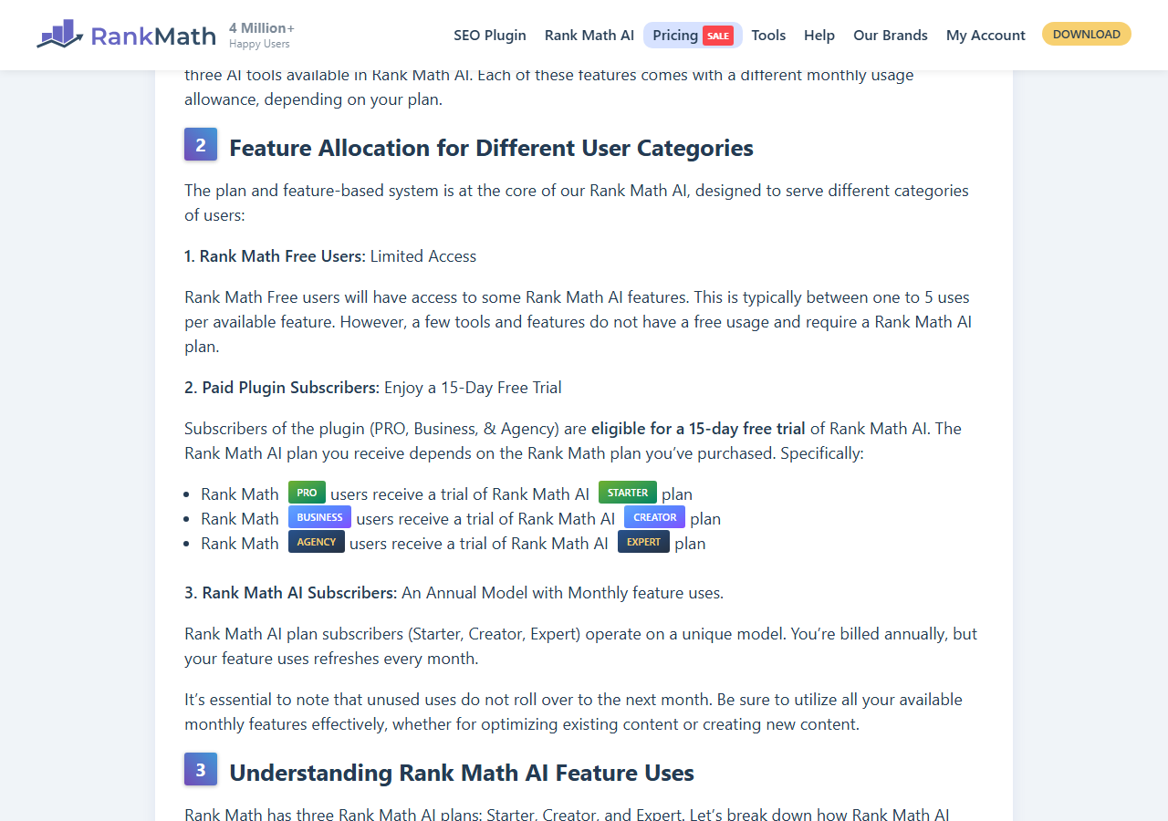 Rank Math knowledge base section Feature Allocation for Different User Categories: Rank Math Free users get some AI features, typically one to 5 uses per feature; PRO, Business and Agency subscribers are eligible for a 15-day free trial of the Starter, Creator or Expert AI plan respectively; Rank Math AI subscribers are billed annually with feature uses that refresh every month and do not roll over